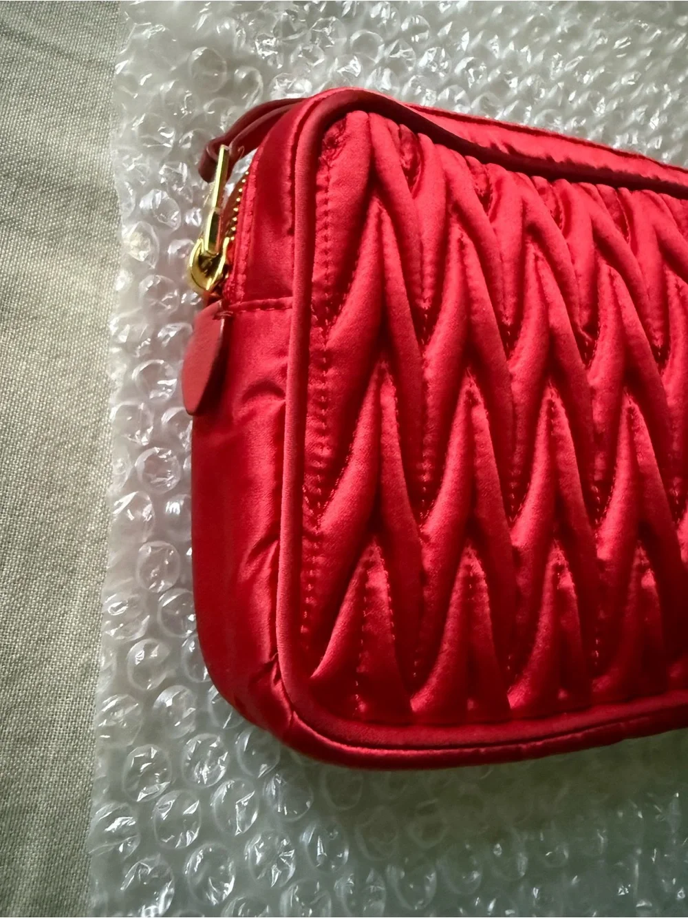 Miu Miu Red Quilted Matelassé Cosmetic Pouch with Gold Logo